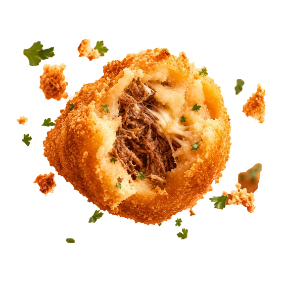Coxinha aberta mostrando o recheio, com massa dourada e crocante