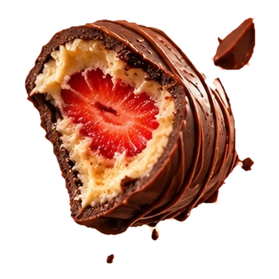 Doce com cobertura de chocolate e recheio de morango